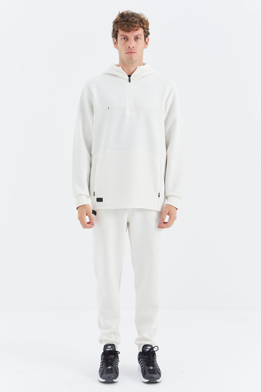 Beige Hooded Half-Zip Pocket Detailed Men's Tracksuit Set - 85222
