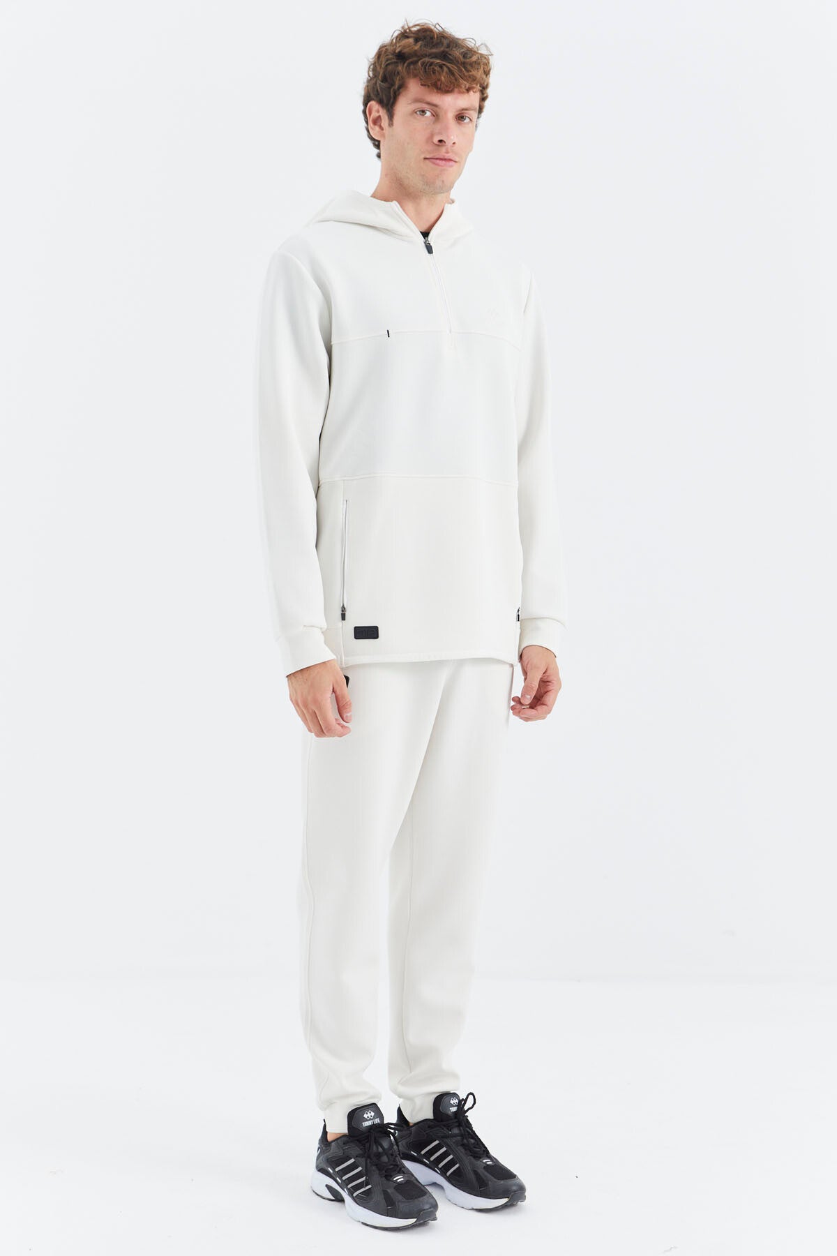 Beige Hooded Half-Zip Pocket Detailed Men's Tracksuit Set - 85222