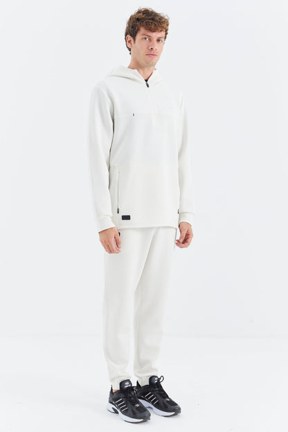 Beige Hooded Half-Zip Pocket Detailed Men's Tracksuit Set - 85222