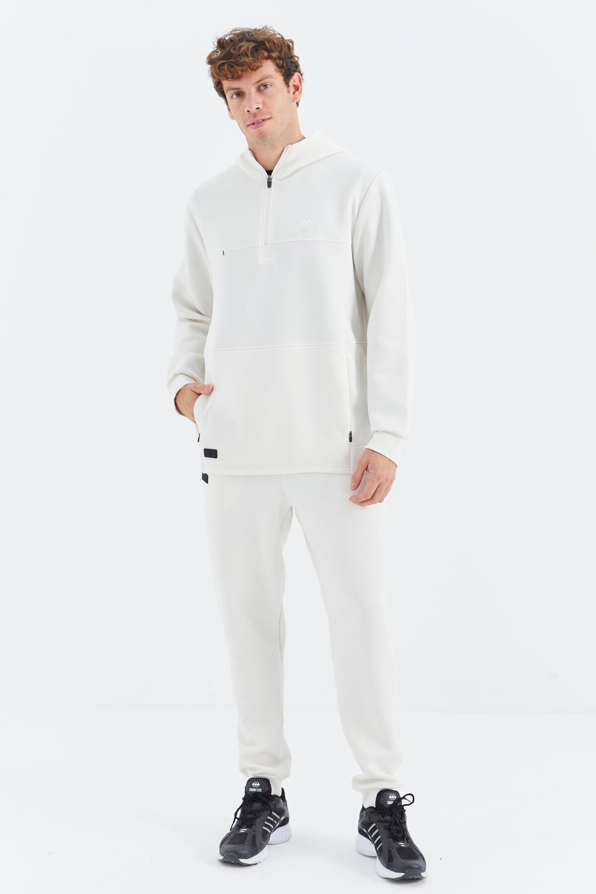 Beige Hooded Half-Zip Pocket Detailed Men's Tracksuit Set - 85222