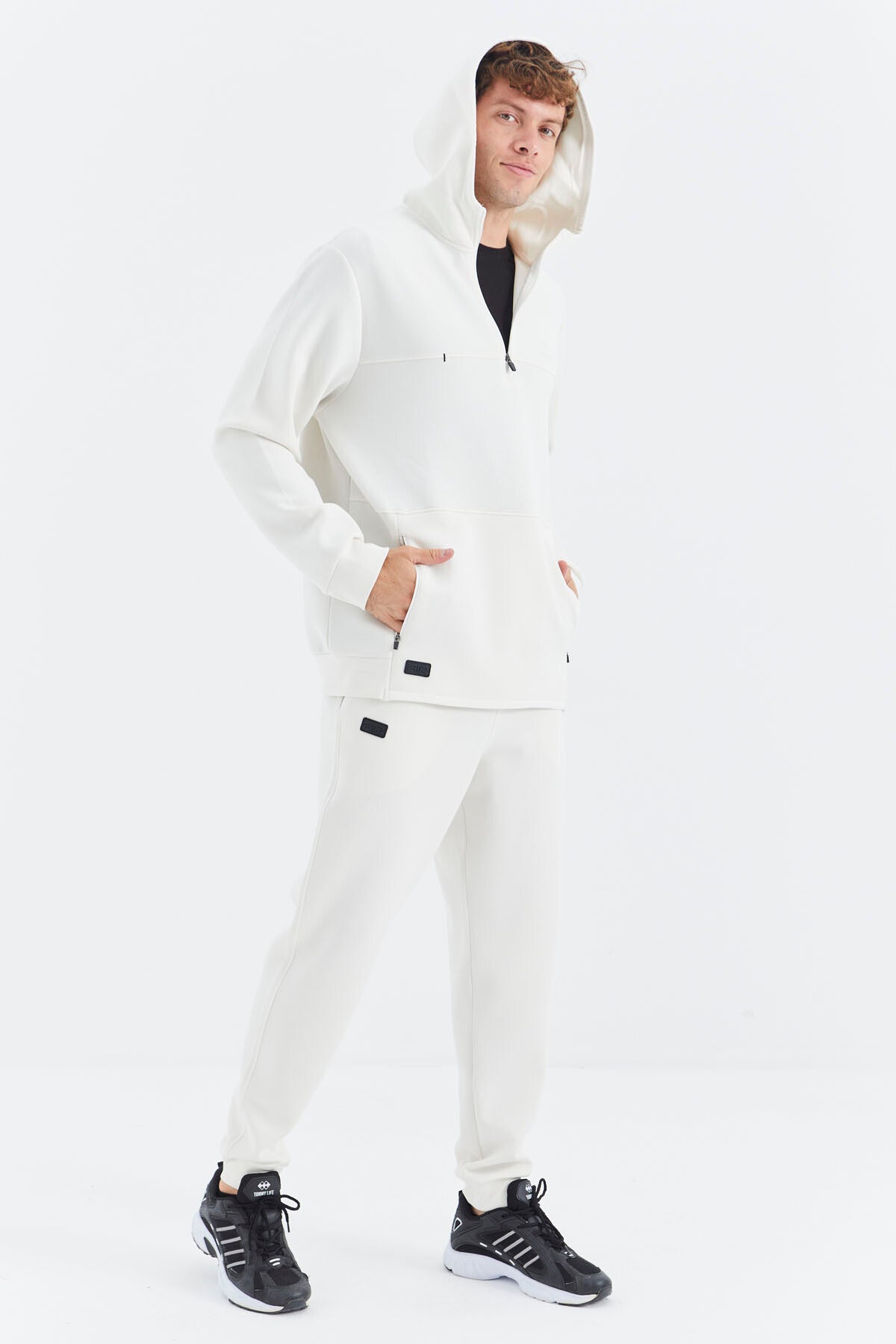 Beige Hooded Half-Zip Pocket Detailed Men's Tracksuit Set - 85222