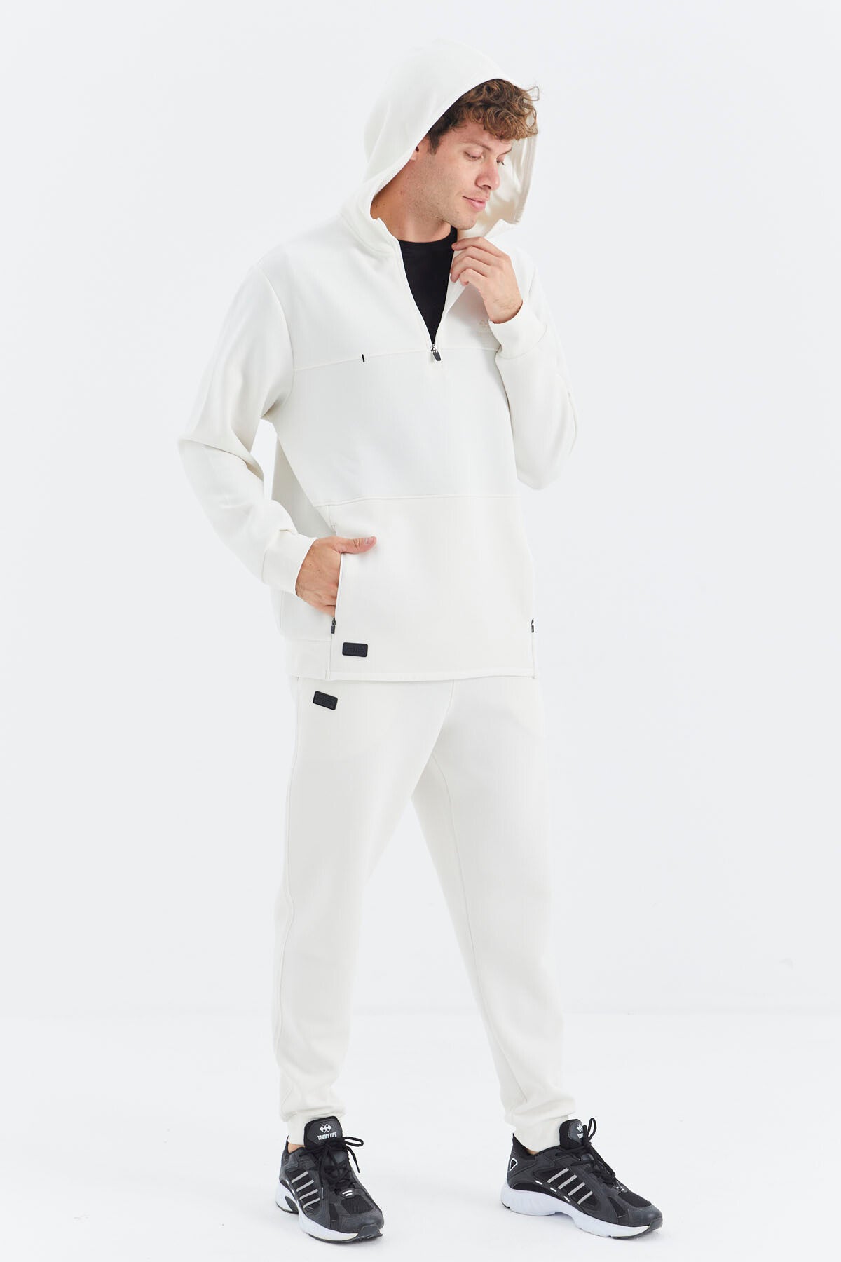 Beige Hooded Half-Zip Pocket Detailed Men's Tracksuit Set - 85222