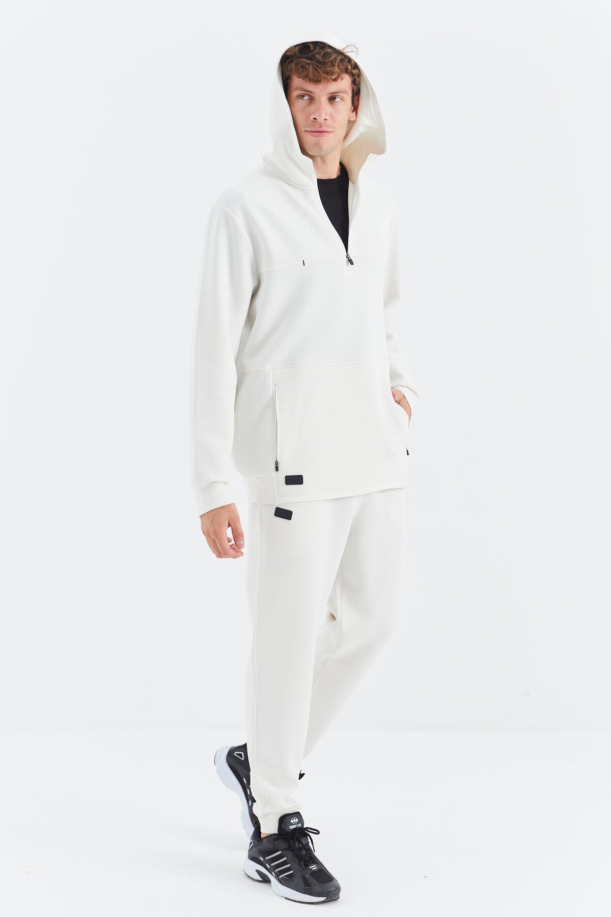 Beige Hooded Half-Zip Pocket Detailed Men's Tracksuit Set - 85222