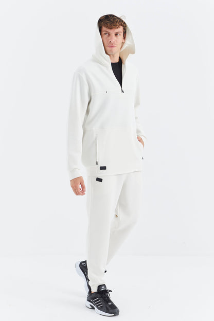 Beige Hooded Half-Zip Pocket Detailed Men's Tracksuit Set - 85222