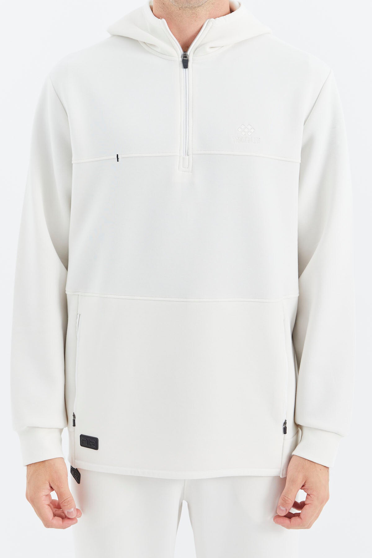 Beige Hooded Half-Zip Pocket Detailed Men's Tracksuit Set - 85222