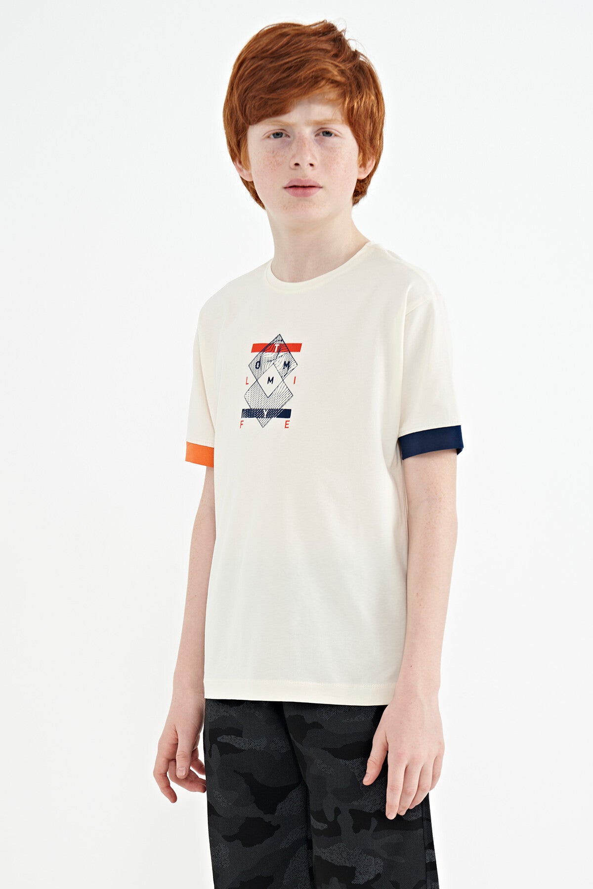 Ecru Colored Edge Detailed Printed Oversize Boys' T-Shirt - 11137