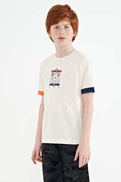 Ecru Colored Edge Detailed Printed Oversize Boys' T-Shirt - 11137