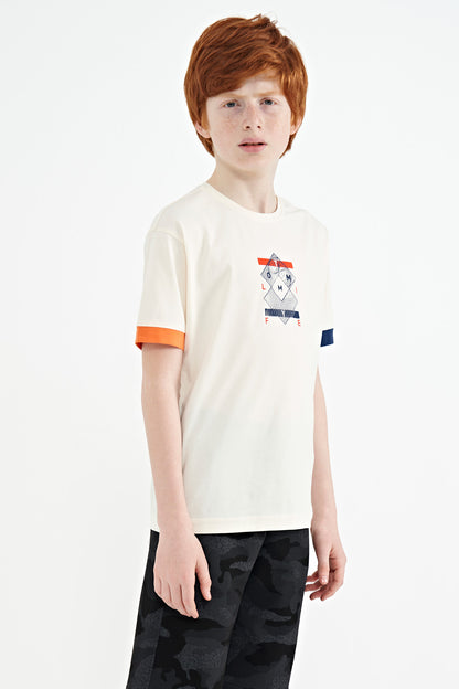 Ecru Colored Edge Detailed Printed Oversize Boys' T-Shirt - 11137