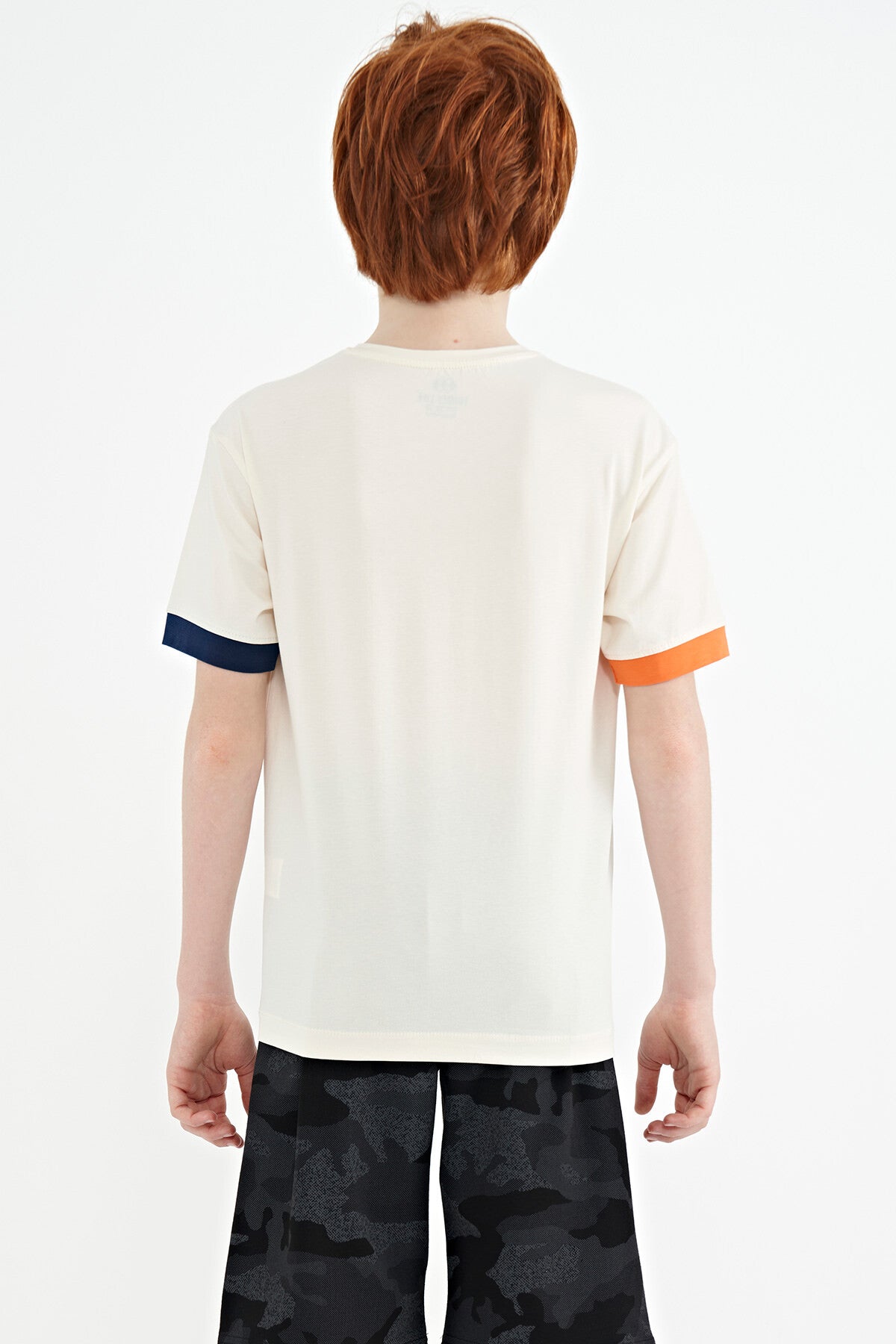Ecru Colored Edge Detailed Printed Oversize Boys' T-Shirt - 11137