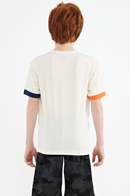 Ecru Colored Edge Detailed Printed Oversize Boys' T-Shirt - 11137