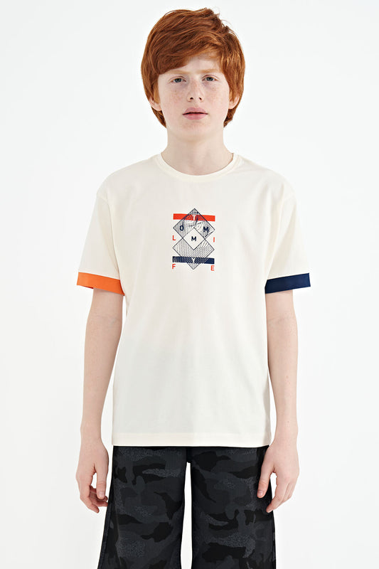 Ecru Colored Edge Detailed Printed Oversize Boys' T-Shirt - 11137