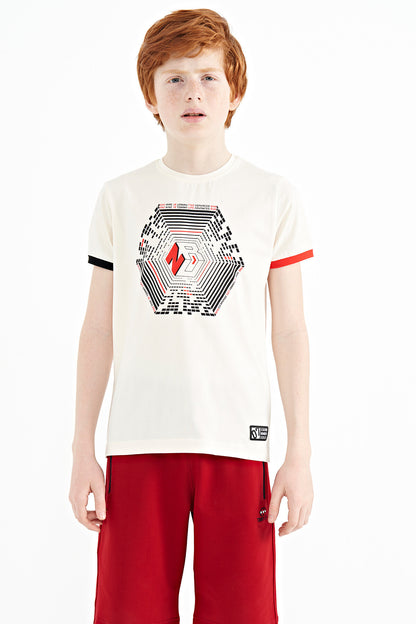 Ecru Collar Three-Color Detailed Print Standard Fit Boys' T-Shirt - 11156
