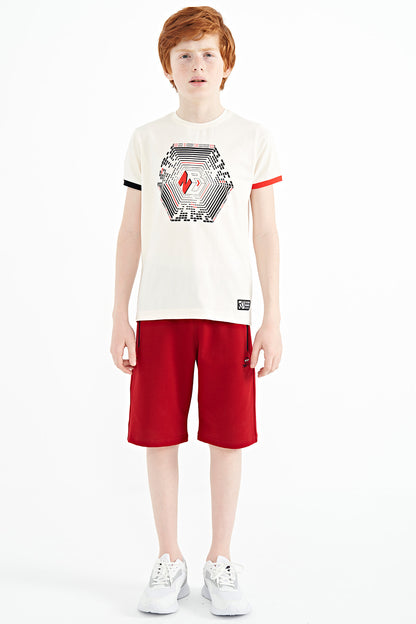 Ecru Collar Three-Color Detailed Print Standard Fit Boys' T-Shirt - 11156