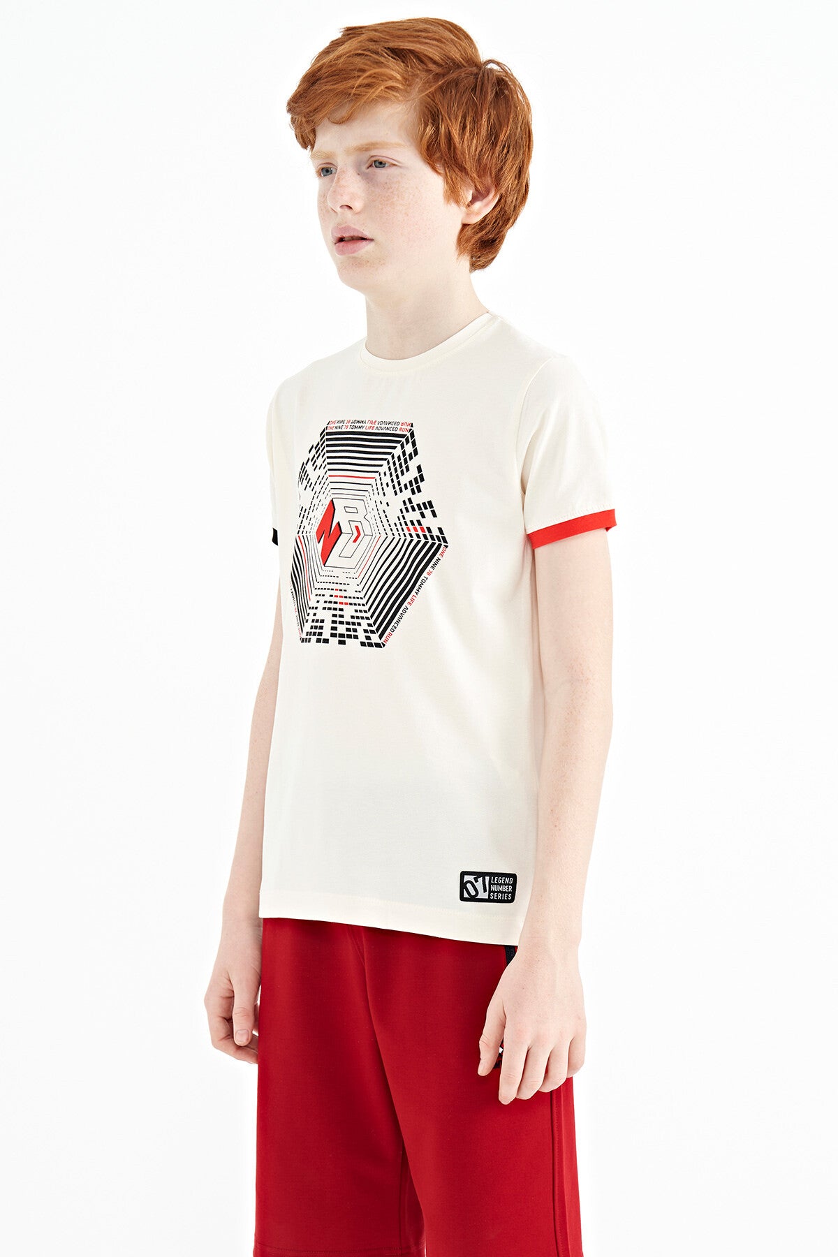 Ecru Collar Three-Color Detailed Print Standard Fit Boys' T-Shirt - 11156