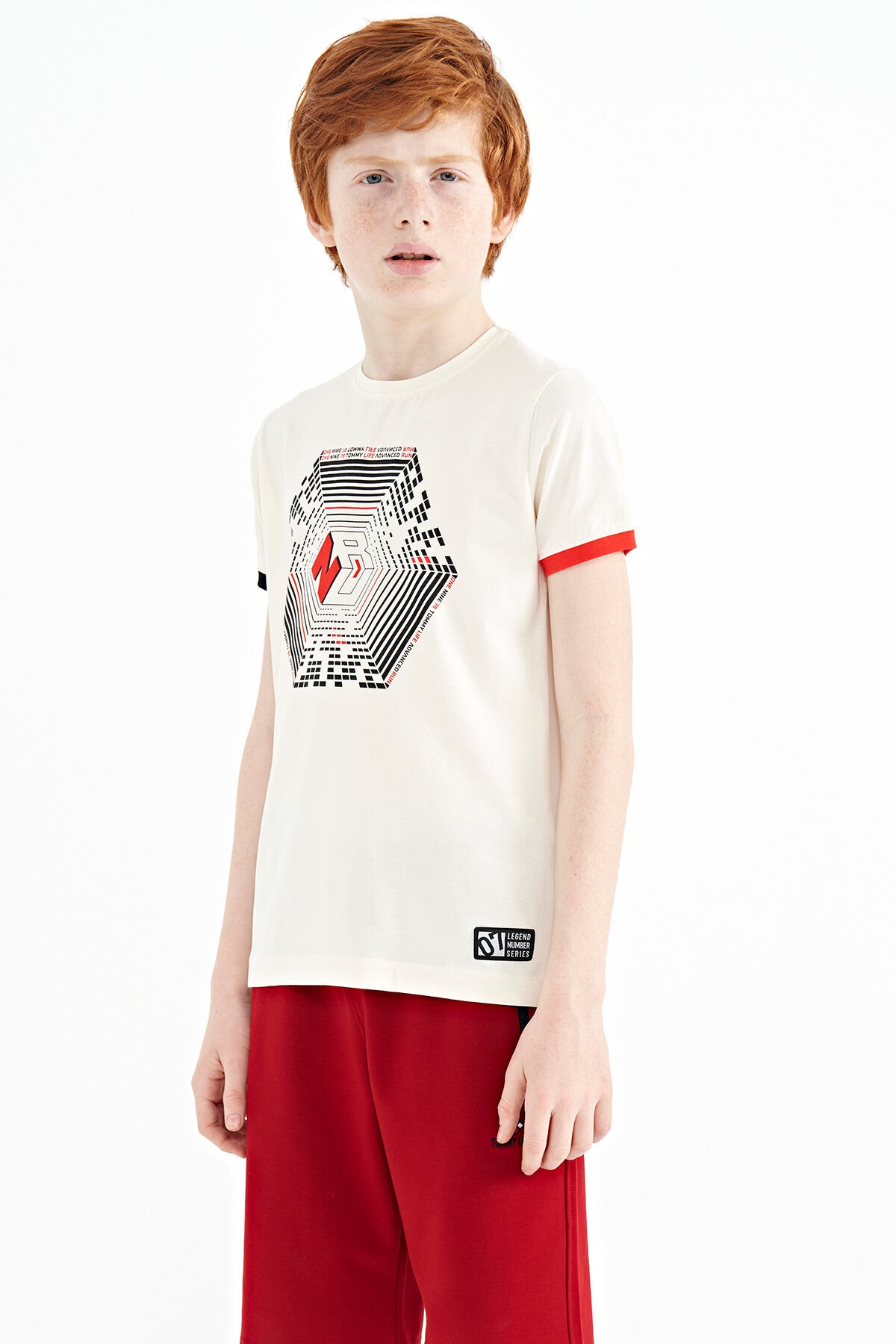 Ecru Collar Three-Color Detailed Print Standard Fit Boys' T-Shirt - 11156