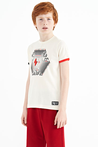 Ecru Collar Three-Color Detailed Print Standard Fit Boys' T-Shirt - 11156