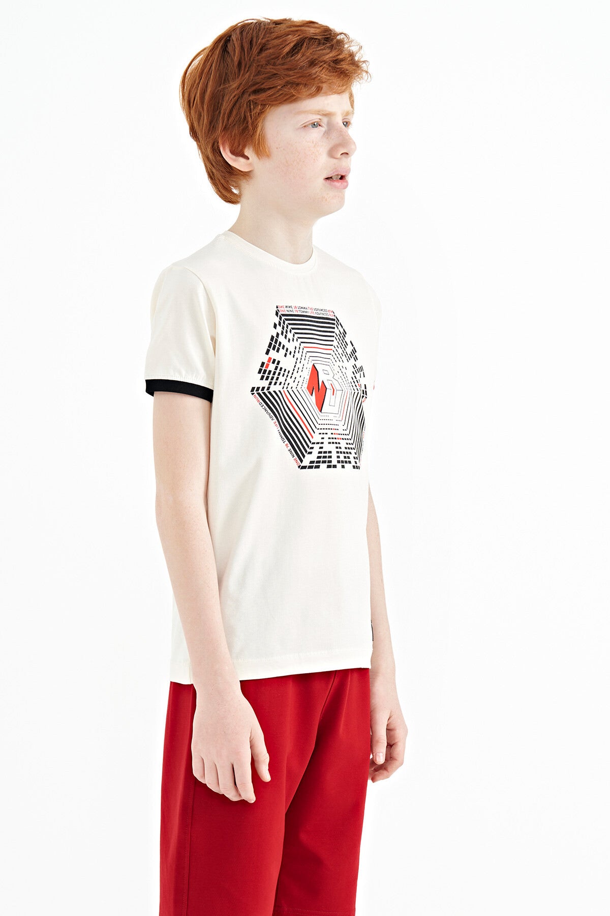 Ecru Collar Three-Color Detailed Print Standard Fit Boys' T-Shirt - 11156