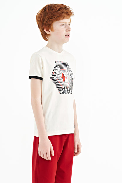 Ecru Collar Three-Color Detailed Print Standard Fit Boys' T-Shirt - 11156