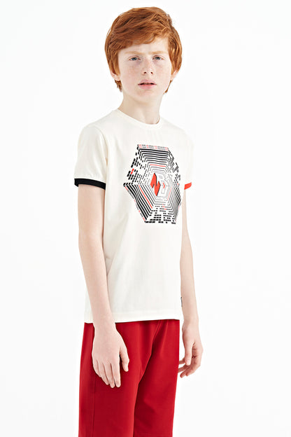 Ecru Collar Three-Color Detailed Print Standard Fit Boys' T-Shirt - 11156