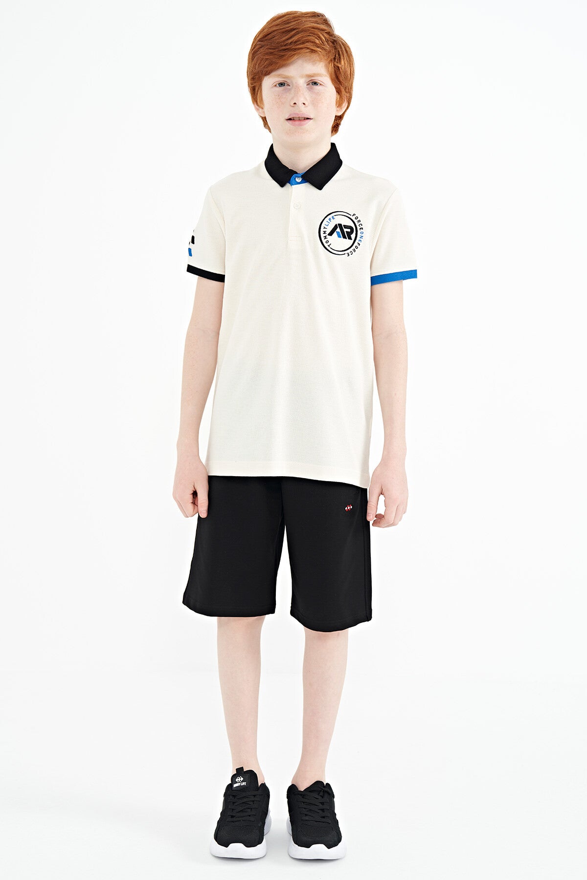 Ecru Multicolored Logo Embroidered Standard Fit Polo Collar Boys' T-Shirt - 11138