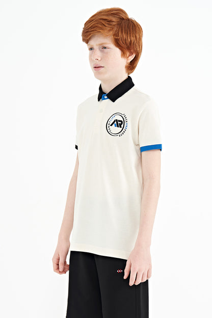 Ecru Multicolored Logo Embroidered Standard Fit Polo Collar Boys' T-Shirt - 11138