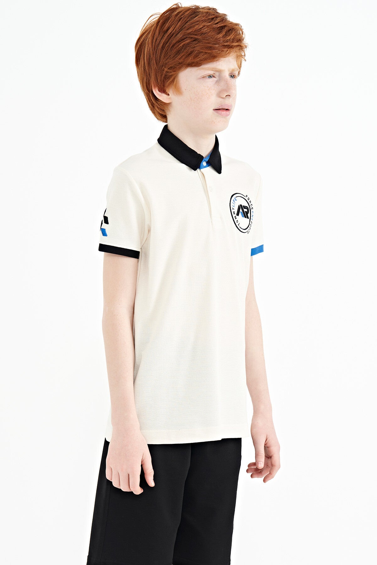 Ecru Multicolored Logo Embroidered Standard Fit Polo Collar Boys' T-Shirt - 11138