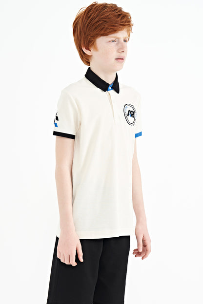 Ecru Multicolored Logo Embroidered Standard Fit Polo Collar Boys' T-Shirt - 11138