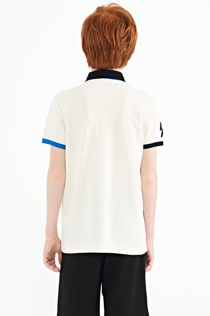 Ecru Multicolored Logo Embroidered Standard Fit Polo Collar Boys' T-Shirt - 11138