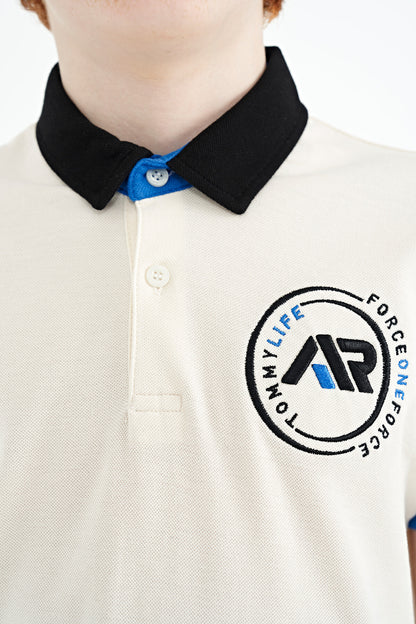 Ecru Multicolored Logo Embroidered Standard Fit Polo Collar Boys' T-Shirt - 11138
