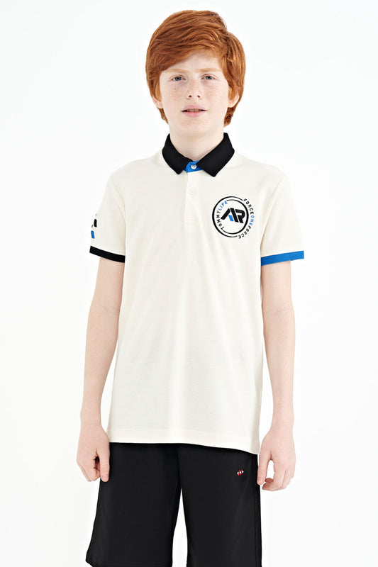 Ecru Multicolored Logo Embroidered Standard Fit Polo Collar Boys' T-Shirt - 11138