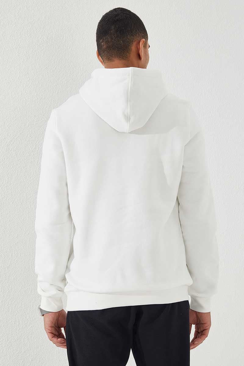 Ecru Embroidered Kangaroo Pocket Standard Fit Hooded Men's Sweatshirt - 87839