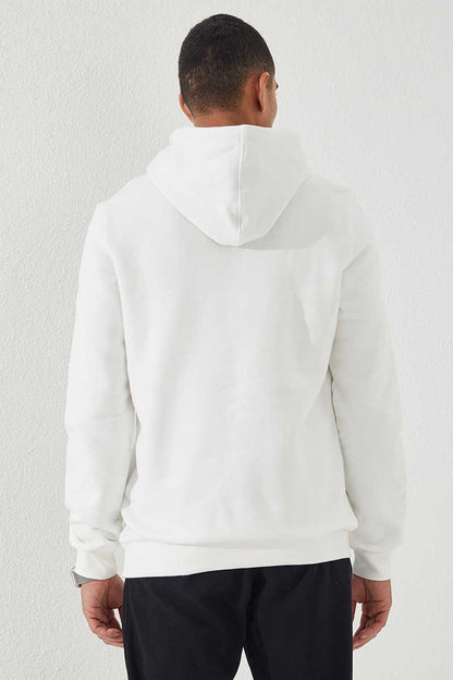 Ecru Embroidered Kangaroo Pocket Standard Fit Hooded Men's Sweatshirt - 87839
