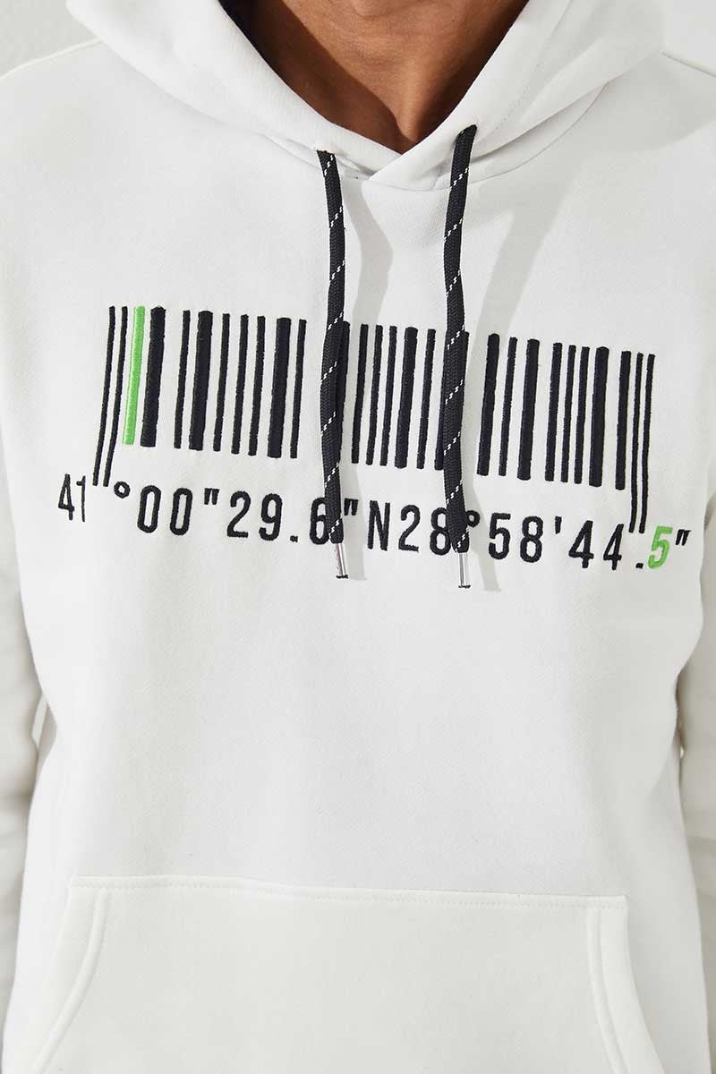 Ecru Embroidered Kangaroo Pocket Standard Fit Hooded Men's Sweatshirt - 87839