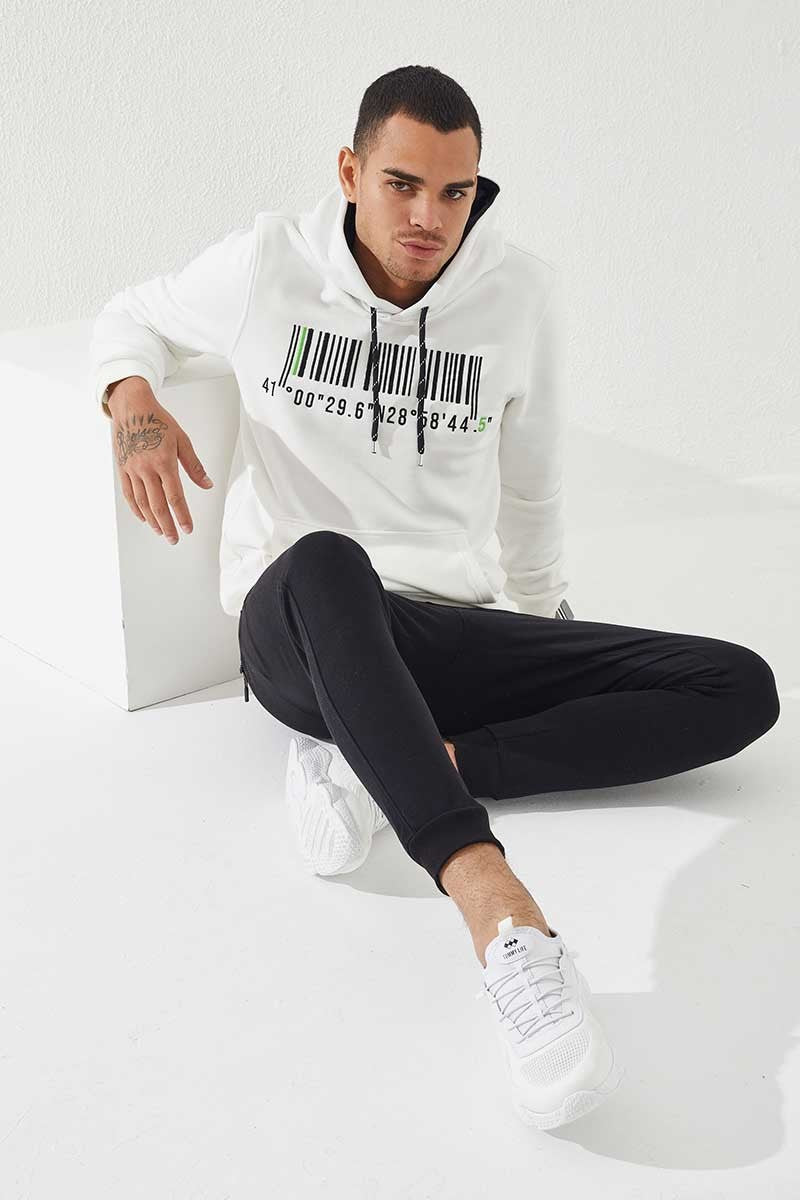 Ecru Embroidered Kangaroo Pocket Standard Fit Hooded Men's Sweatshirt - 87839