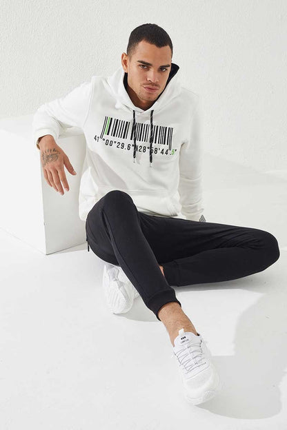 Ecru Embroidered Kangaroo Pocket Standard Fit Hooded Men's Sweatshirt - 87839