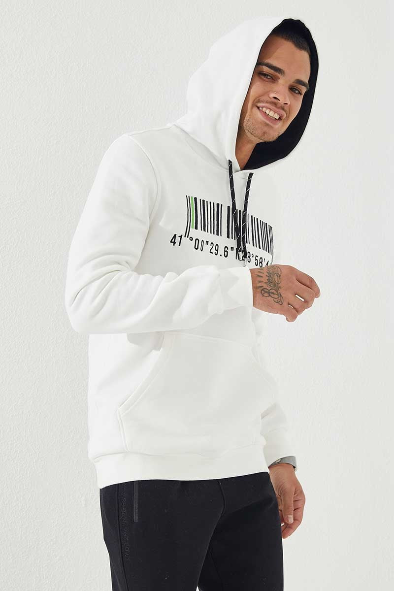 Ecru Embroidered Kangaroo Pocket Standard Fit Hooded Men's Sweatshirt - 87839