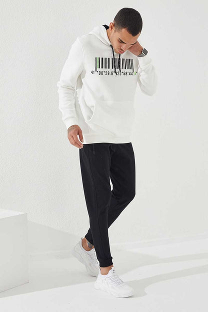 Ecru Embroidered Kangaroo Pocket Standard Fit Hooded Men's Sweatshirt - 87839