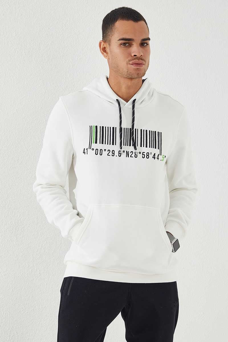 Ecru Embroidered Kangaroo Pocket Standard Fit Hooded Men's Sweatshirt - 87839
