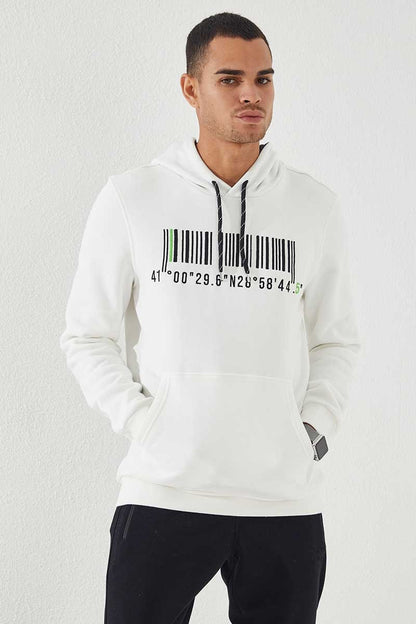 Ecru Embroidered Kangaroo Pocket Standard Fit Hooded Men's Sweatshirt - 87839