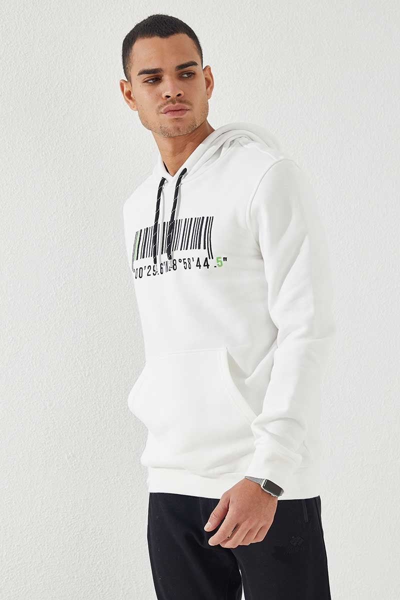 Ecru Embroidered Kangaroo Pocket Standard Fit Hooded Men's Sweatshirt - 87839