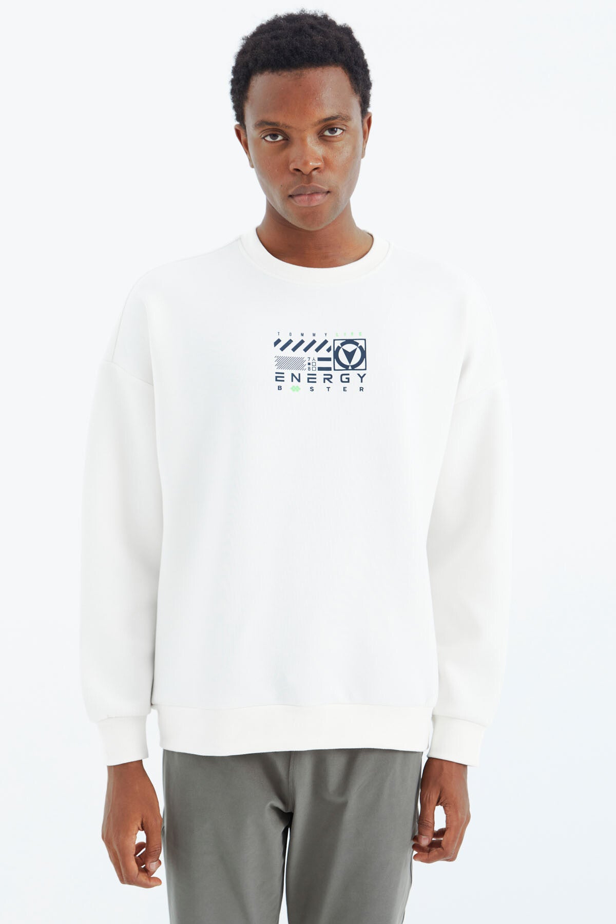 Ecru O Collar Printed Detailed Relax Fit Men's Sweatshirt - 88284