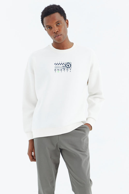 Ecru O Collar Printed Detailed Relax Fit Men's Sweatshirt - 88284