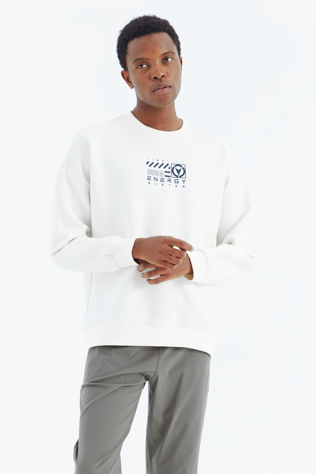 Ecru O Collar Printed Detailed Relax Fit Men's Sweatshirt - 88284