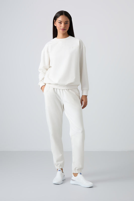 Basic Cotton O-Neck Oversize Elastic Cuffed Women's Tracksuit Set - 95287