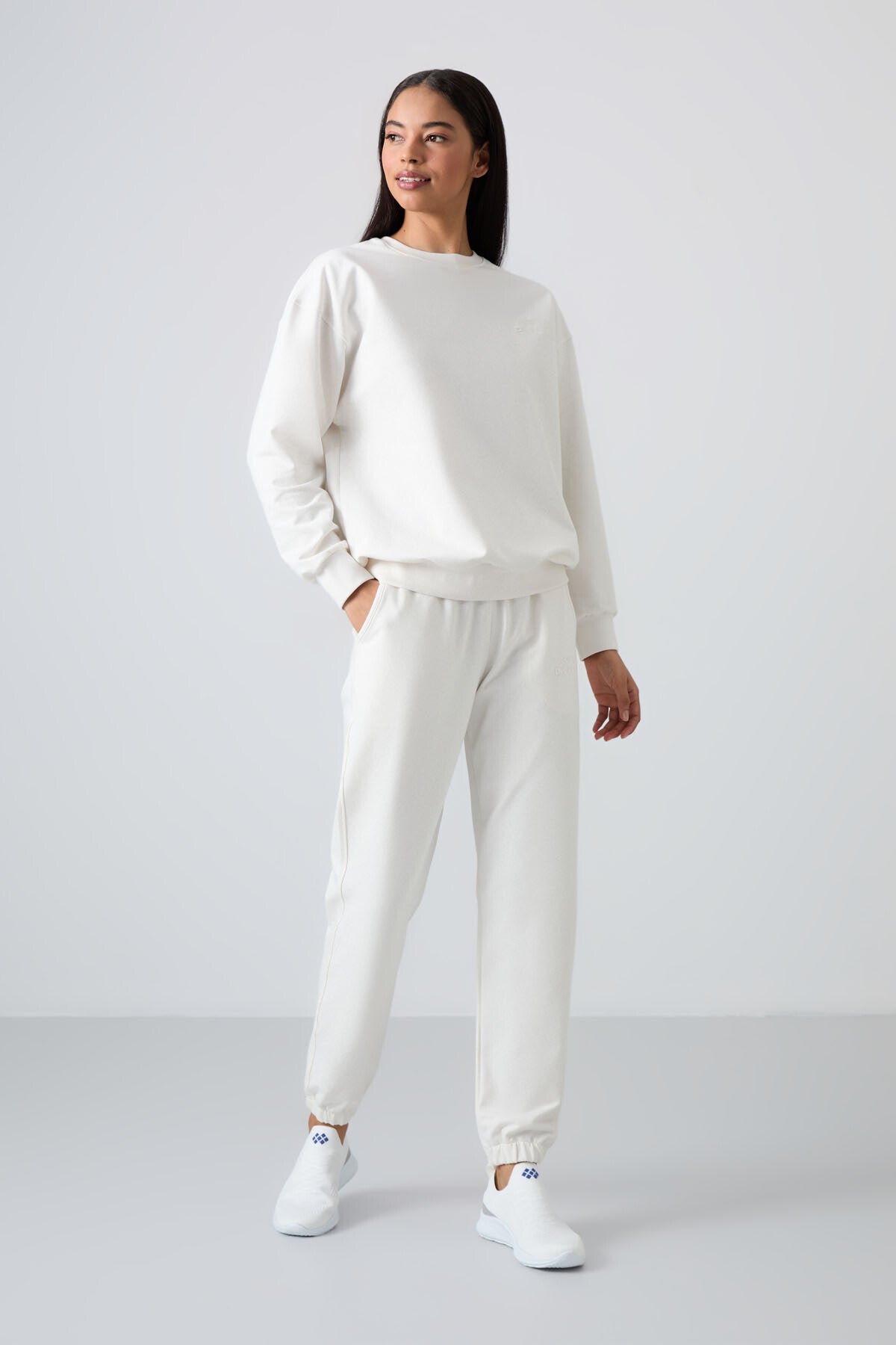Basic Cotton O-Neck Oversize Elastic Cuffed Women's Tracksuit Set - 95287