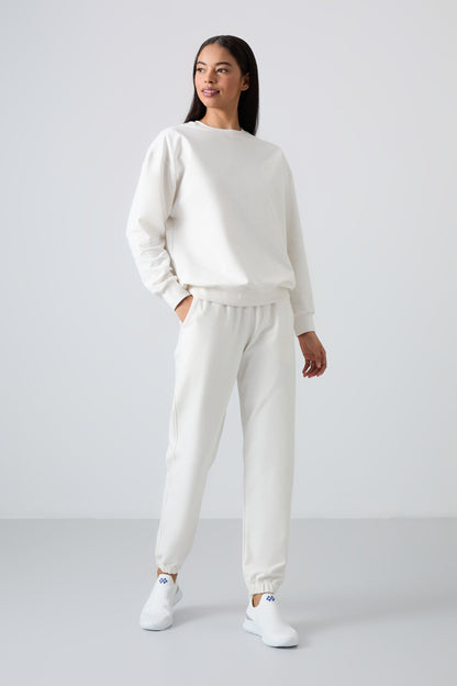 Basic Cotton O-Neck Oversize Elastic Cuffed Women's Tracksuit Set - 95287