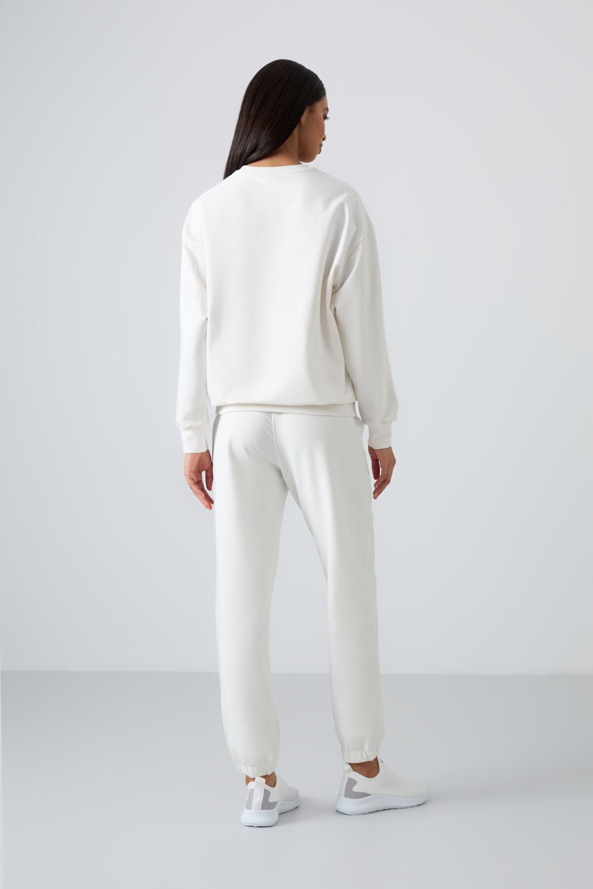 Basic Cotton O-Neck Oversize Elastic Cuffed Women's Tracksuit Set - 95287