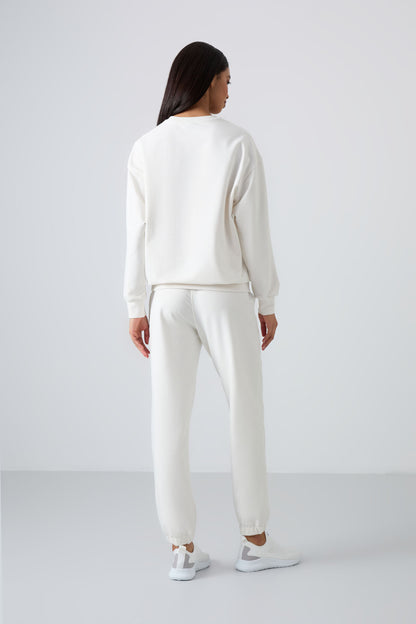 Basic Cotton O-Neck Oversize Elastic Cuffed Women's Tracksuit Set - 95287