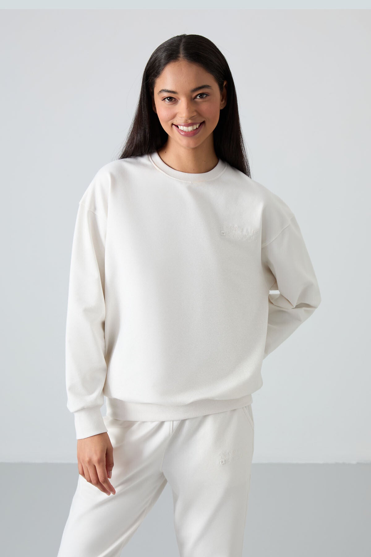 Basic Cotton O-Neck Oversize Elastic Cuffed Women's Tracksuit Set - 95287