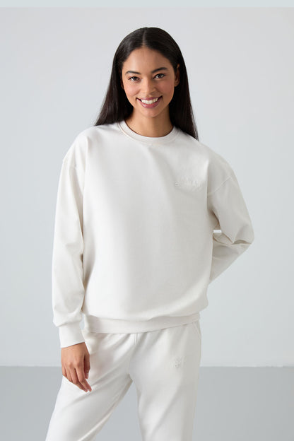 Basic Cotton O-Neck Oversize Elastic Cuffed Women's Tracksuit Set - 95287